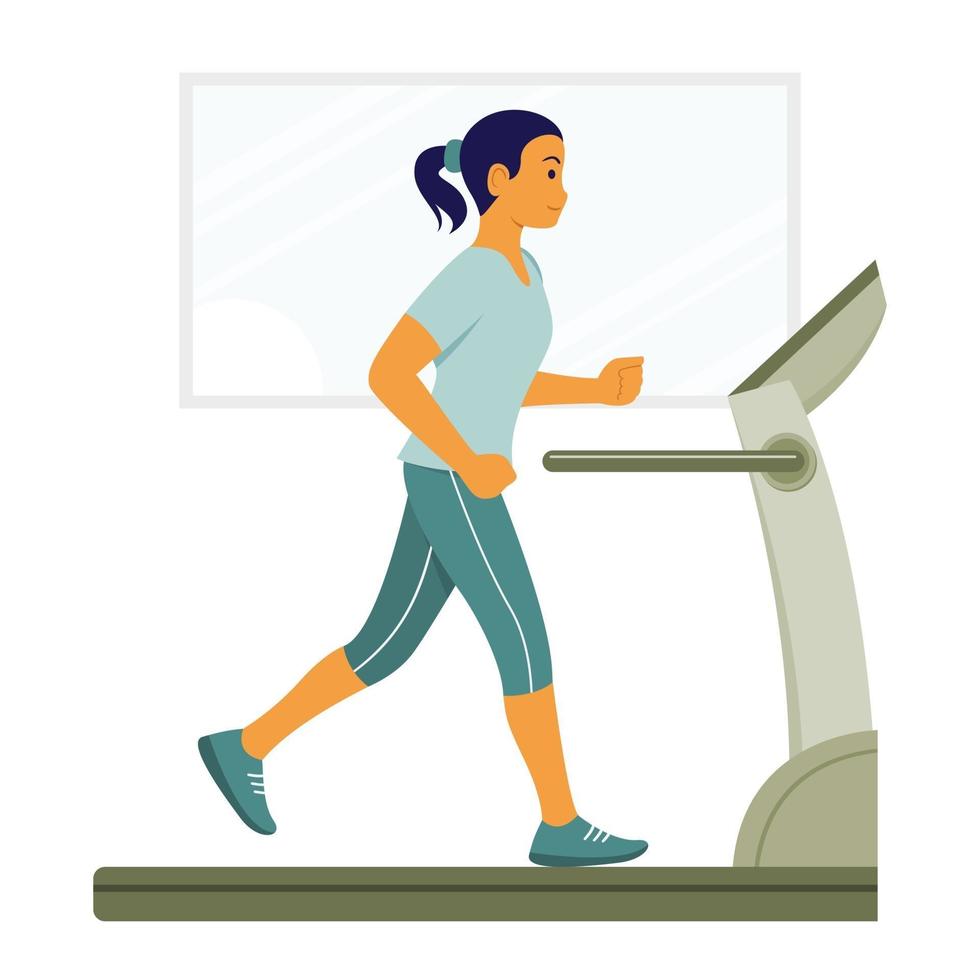 Woman Workout by Running on Treadmill Machine. vector