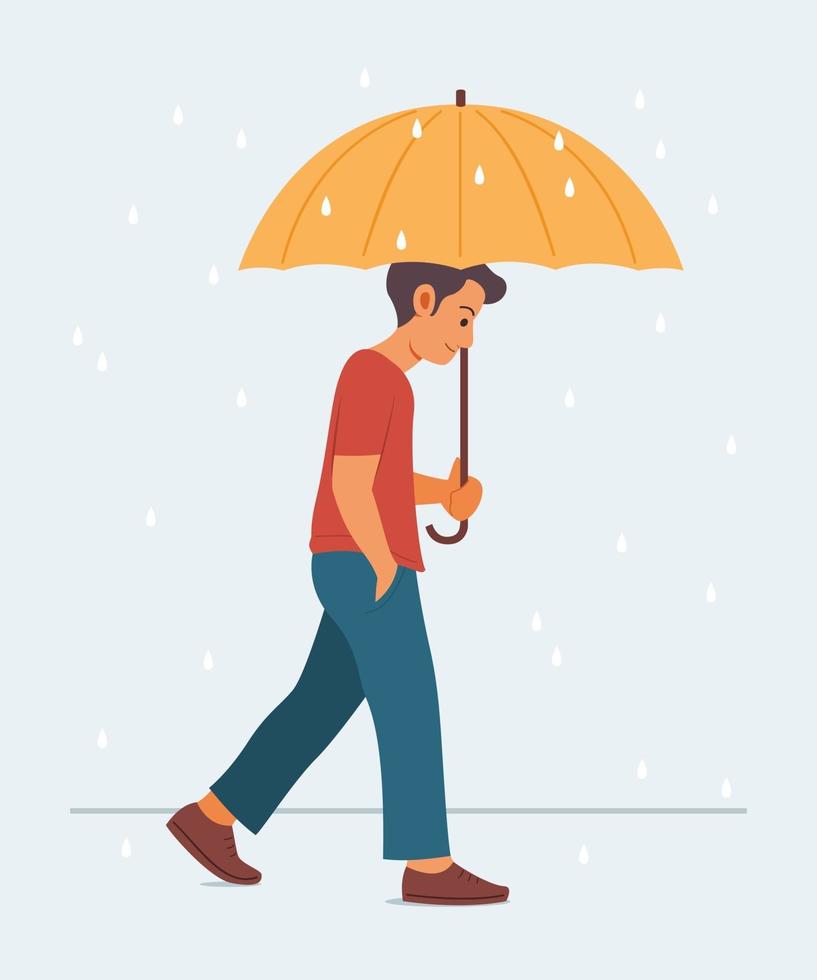 El hombre sostiene el paraguas y disfruta caminar bajo la lluvia. vector