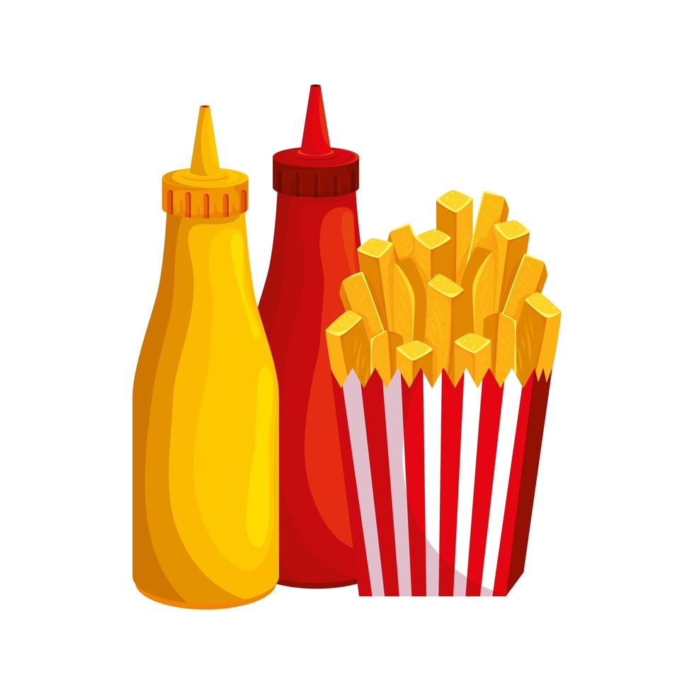 delicious french fries with bottles sauces fast food icon vector