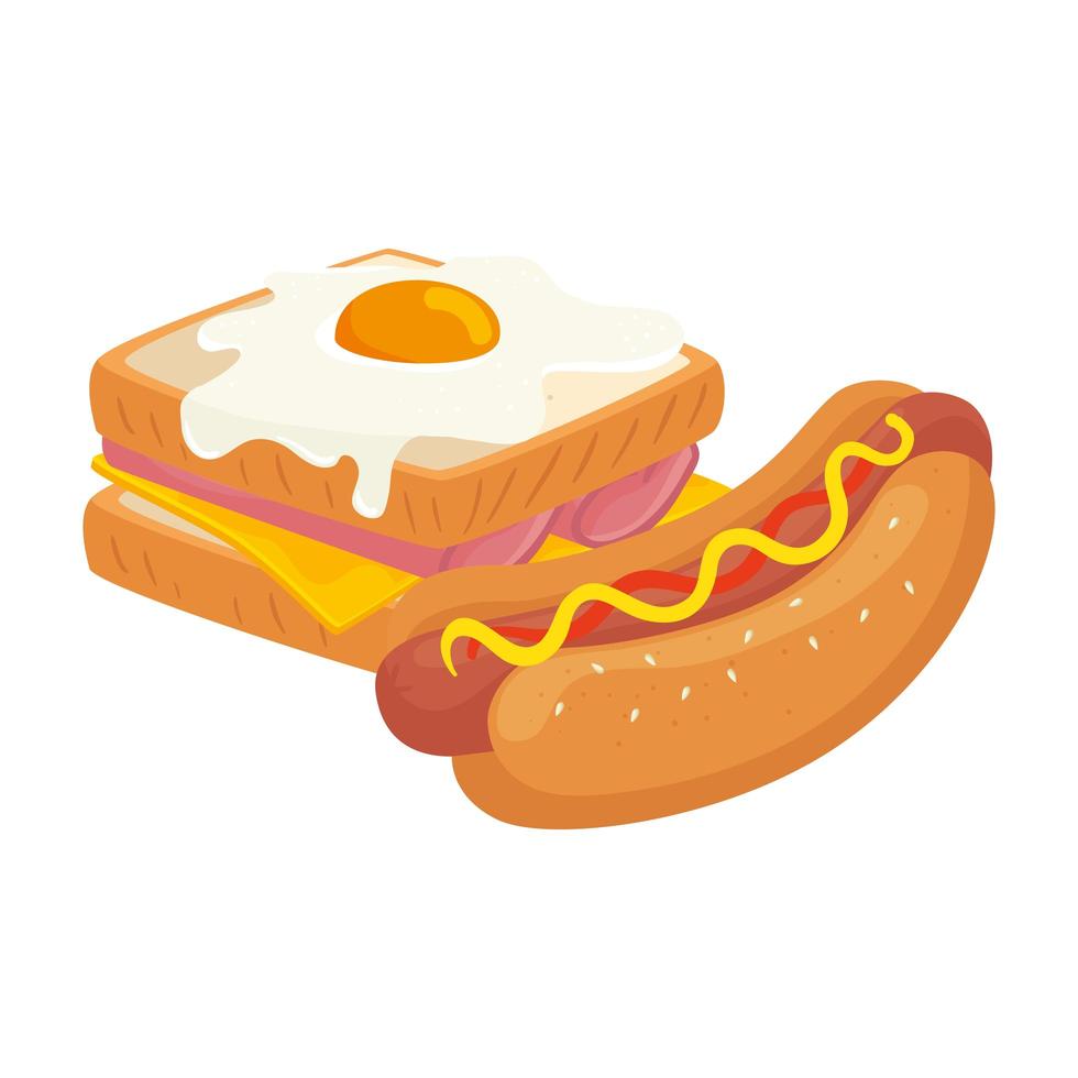 Delicioso sándwich con huevo frito y hot dog icono aislado vector