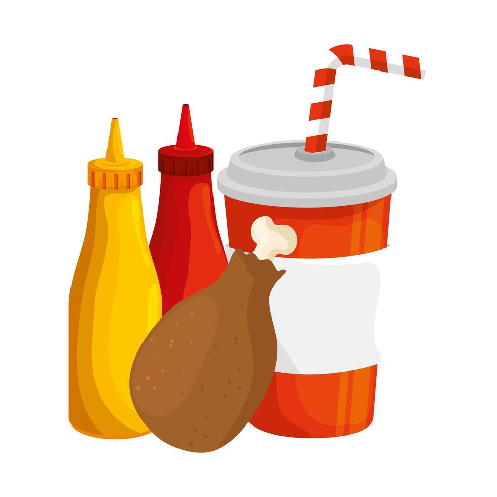 chicken delicious with bottles sauces and drink food isolated icon vector