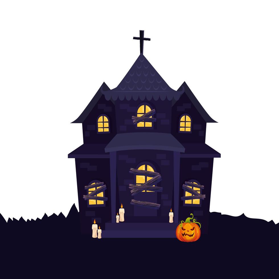 haunted house halloween with pumpkin and candles vector