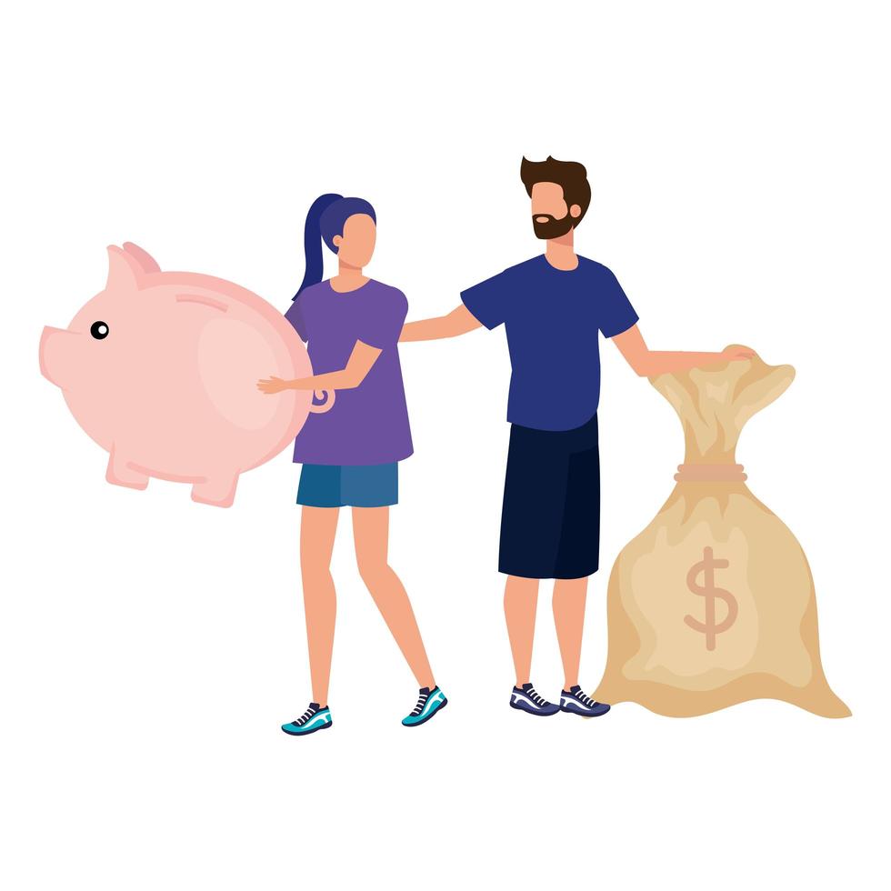 young couple with piggy and money sack characters vector