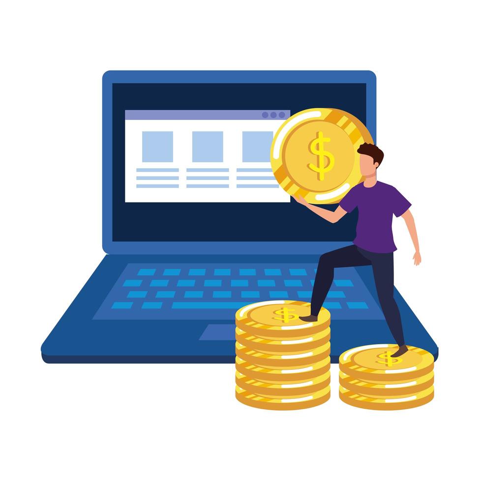 young man with laptop and money vector