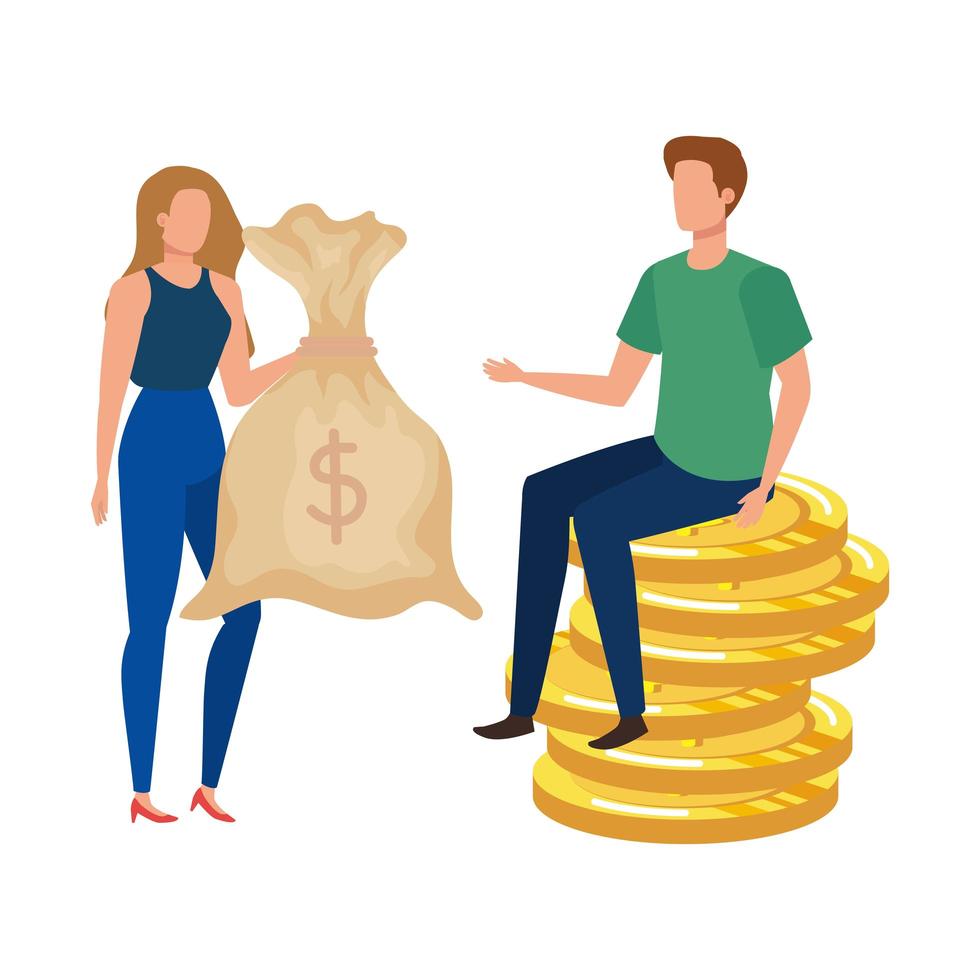 pareja joven, con, monedas, y, dinero, saco vector