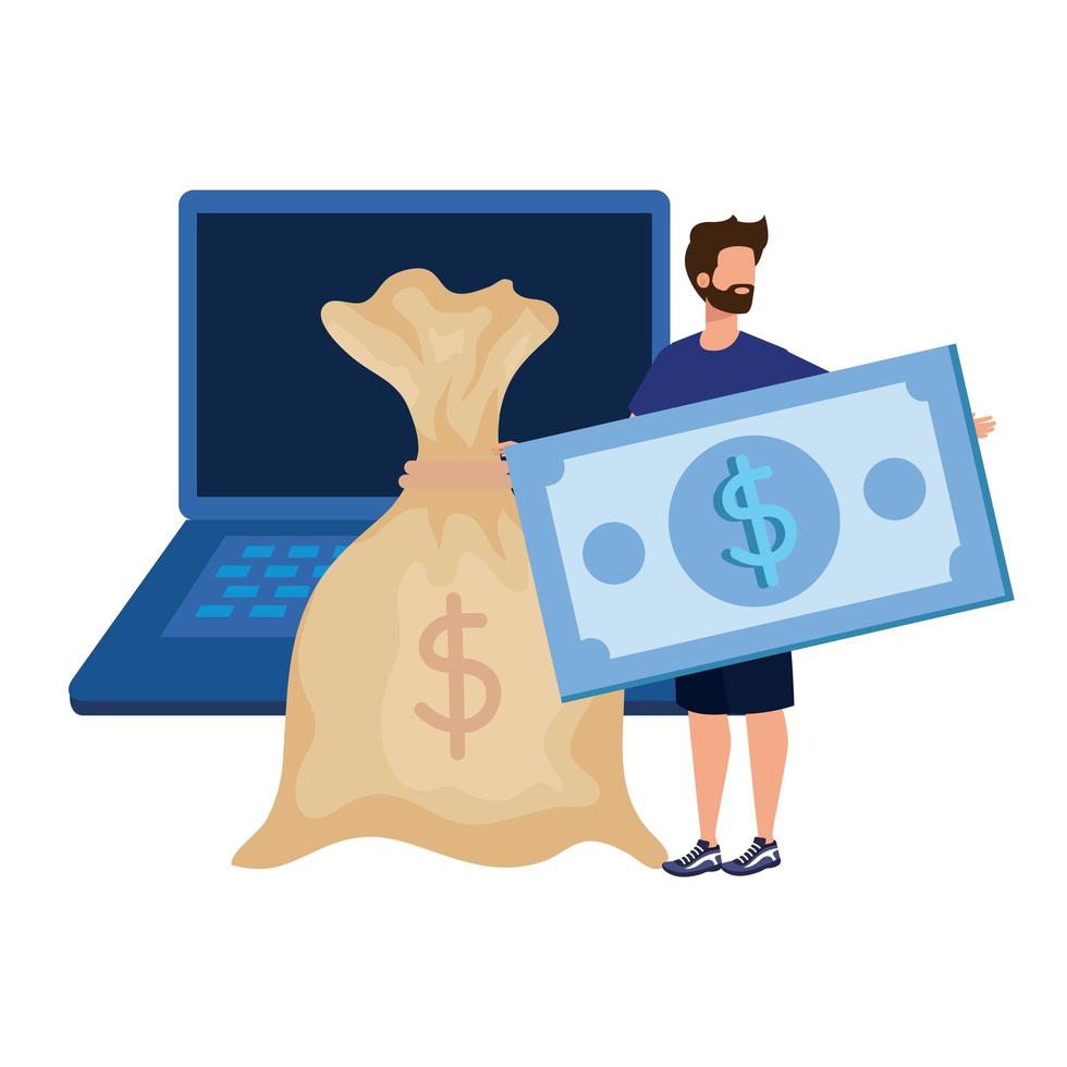 young man with laptop and money vector