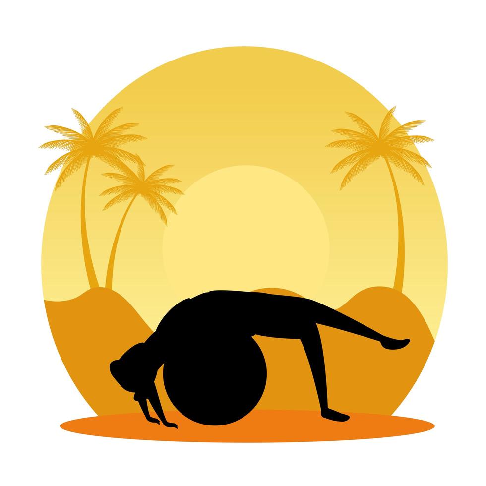 silhouette of woman practicing pilates with balloon on sunset scene vector
