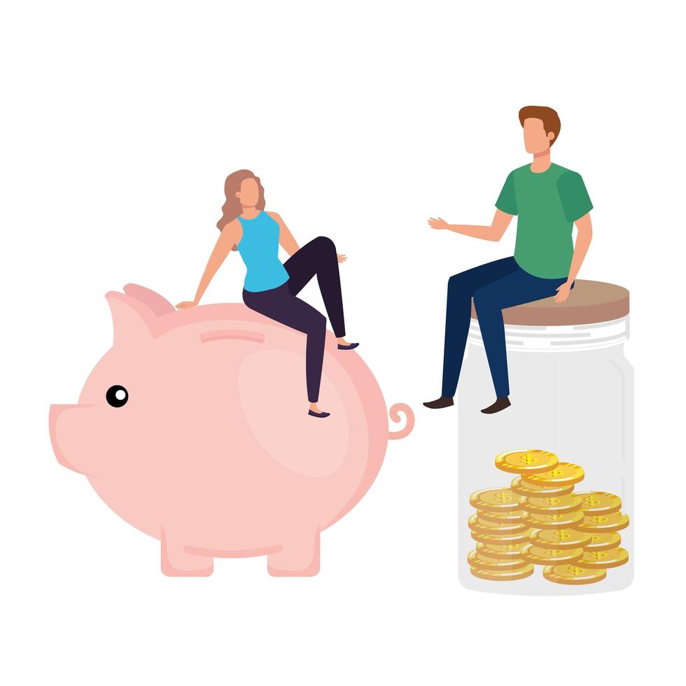 young couple with coins money in mason jar and piggy vector