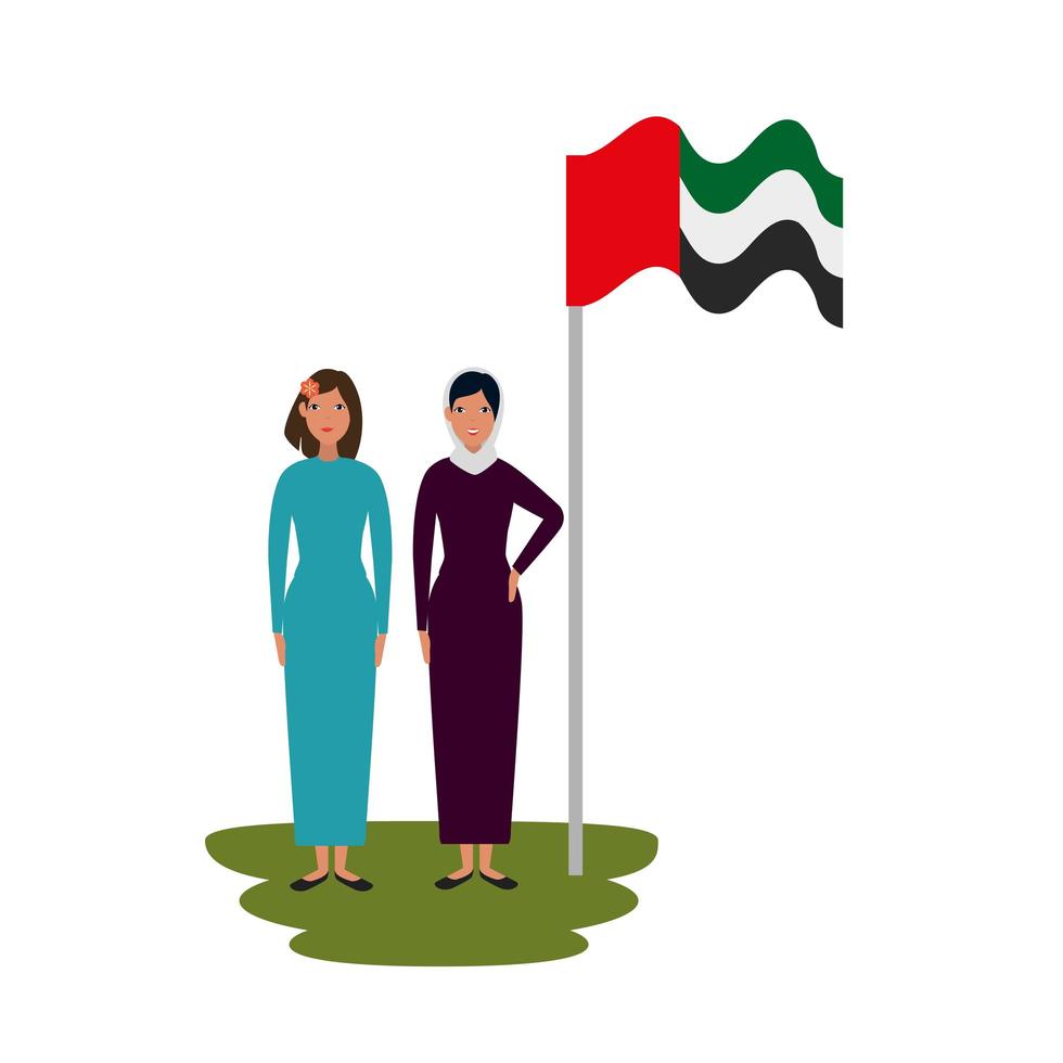 islamic women with traditional burka and arabia flag in pole vector