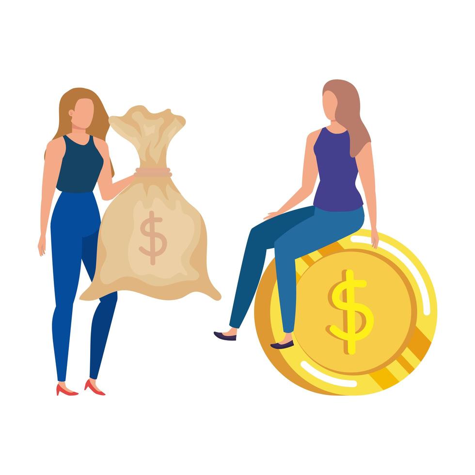 mujeres jóvenes con monedas y dólares de saco de dinero vector