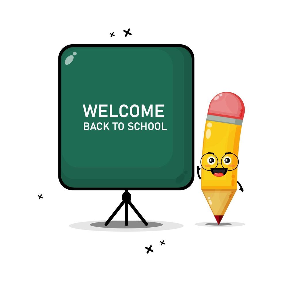 A cute pencil mascot teaching in front of a blackboard vector