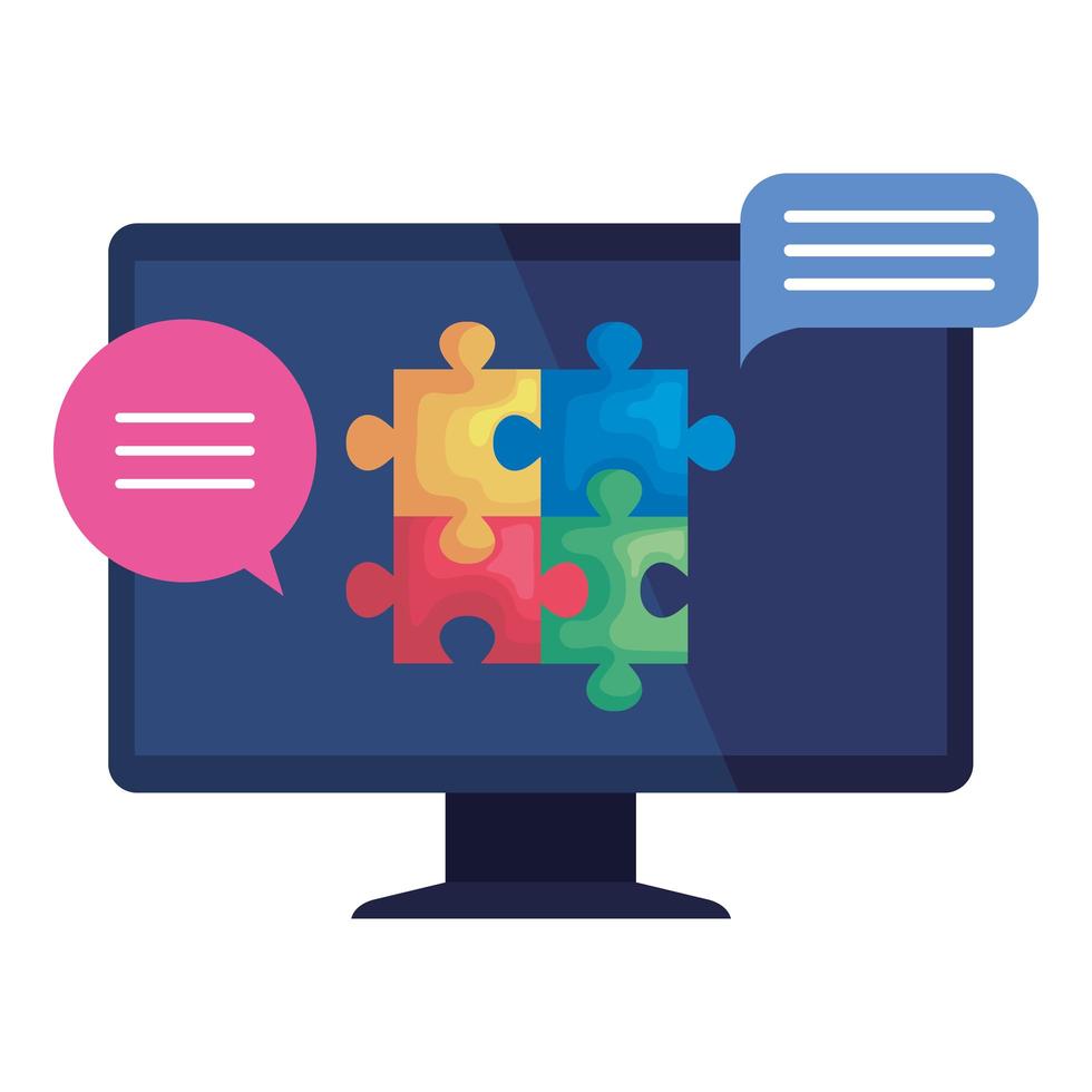 desktop computer device with speech bubbles and puzzle pieces vector