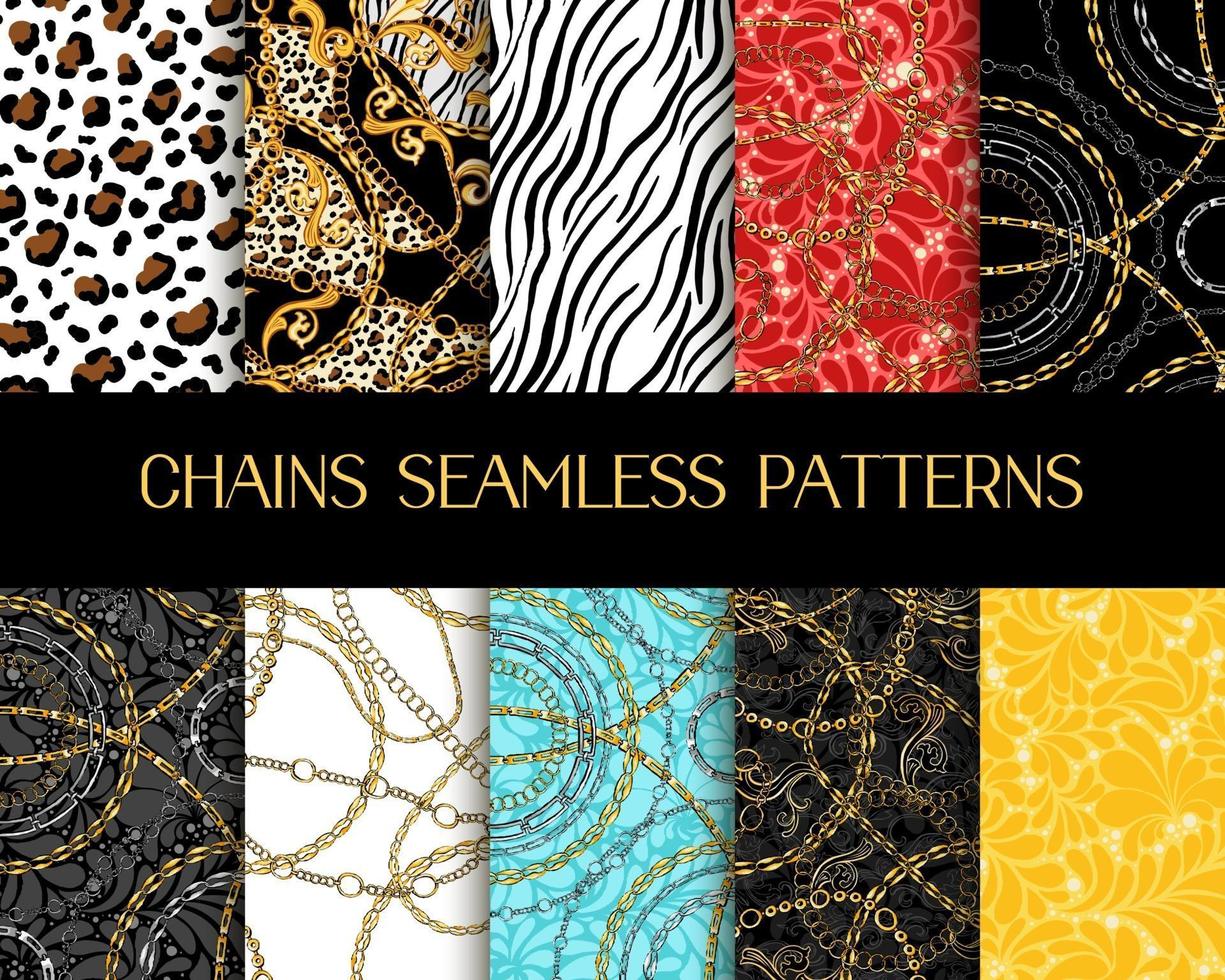 Chains Patterns Collection. Vector Chain Seamless Patterns with Zebra and Tiger Animal Prints