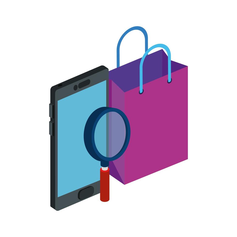 smartphone with bag shopping and magnifying glass vector