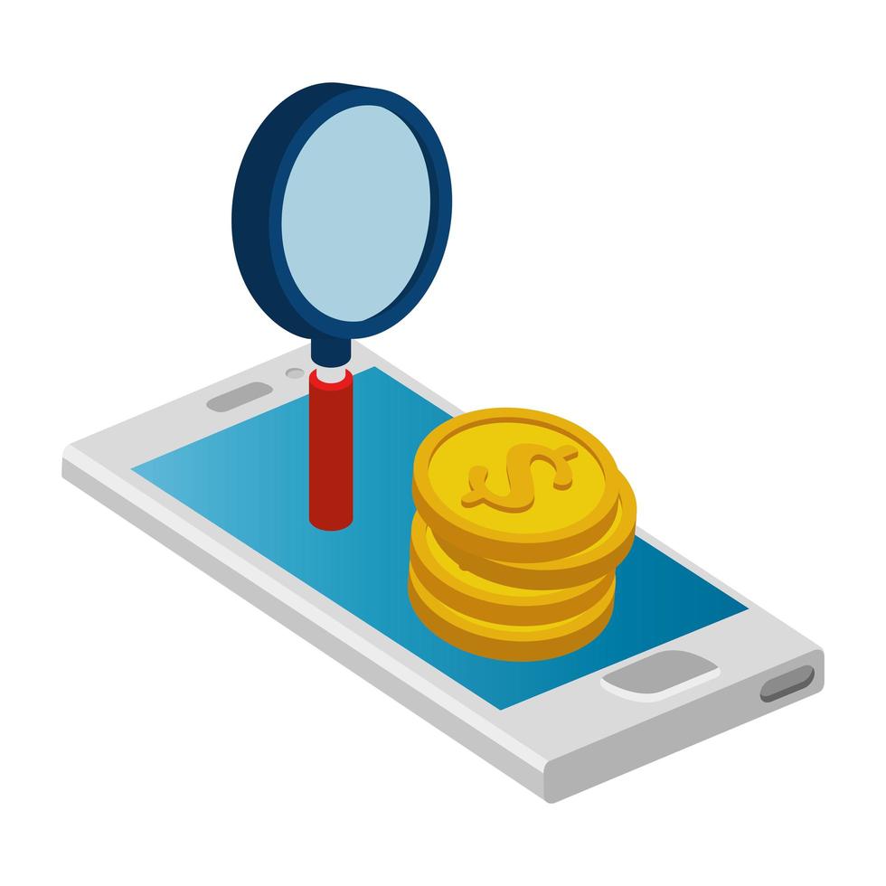 smartphone with pile coins and magnifying glass vector