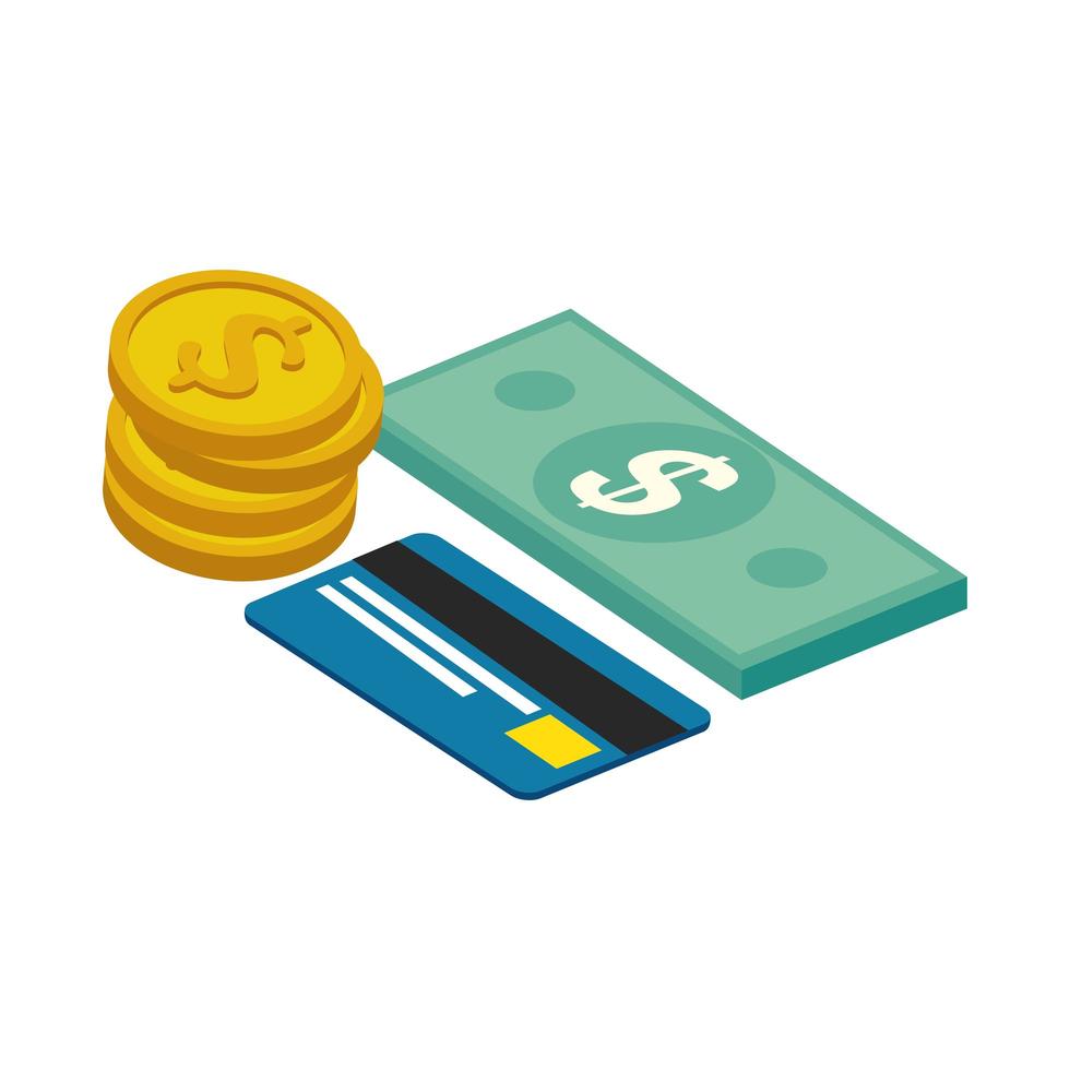tarjeta de crédito con facturas finanzas y pila de monedas vector