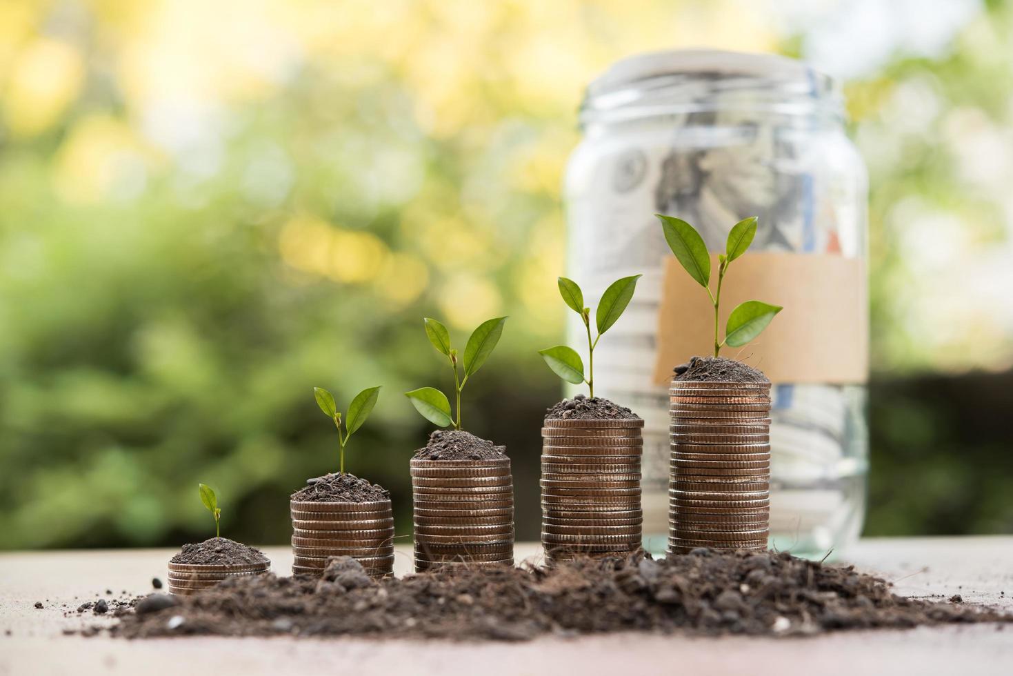 dinero en un frasco de vidrio en la naturaleza, concepto de inversión foto