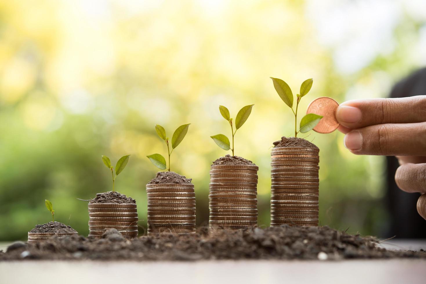 Hands putting money coin stacks together in nature photo