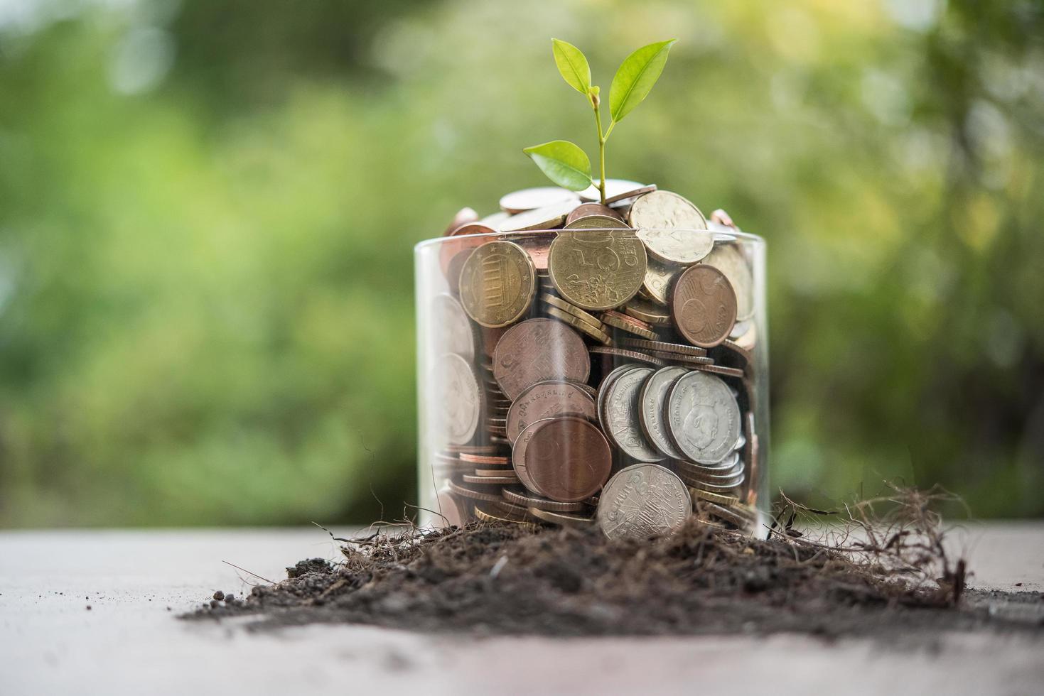 Several coins in a glass jar photo