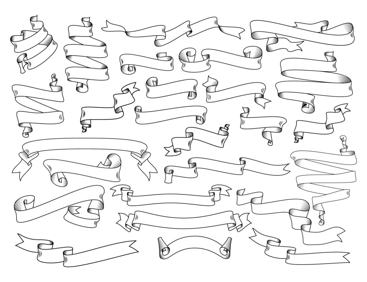 Hand Drawn Detailed Vector Scroll Ribbons Set in Outline, Contour Drawing.