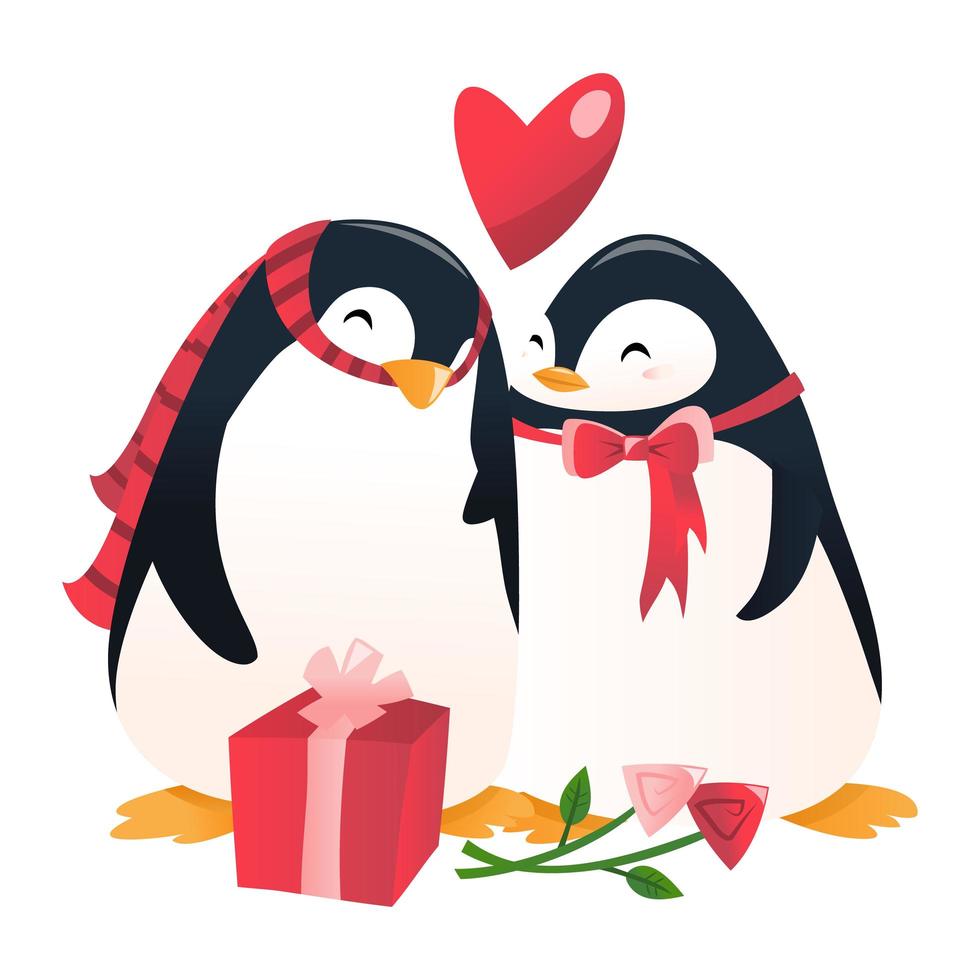 Super Cute Cartoon Penguin Couple In Love. vector