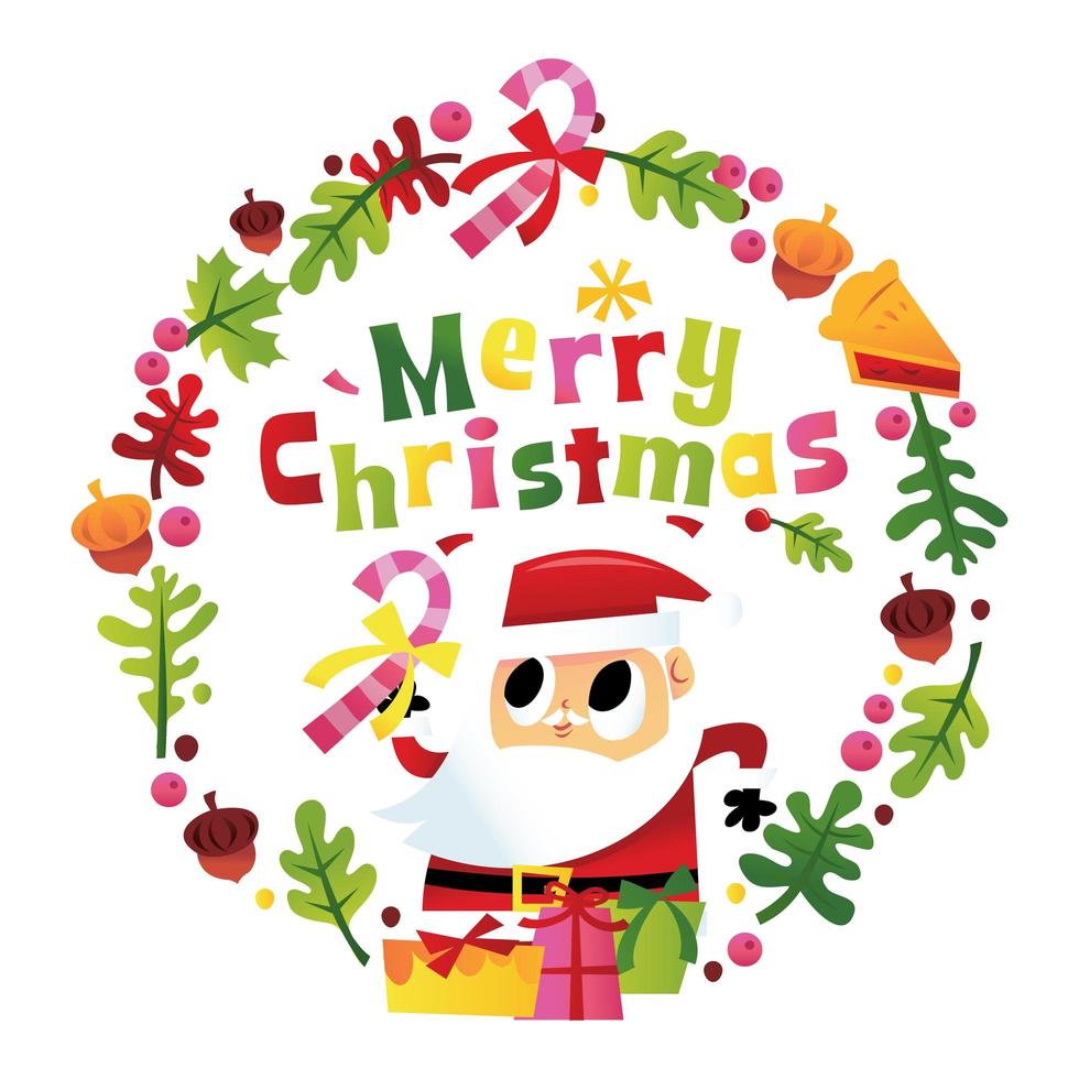 Super Cute Happy Merry Christmas Santa Wreath vector