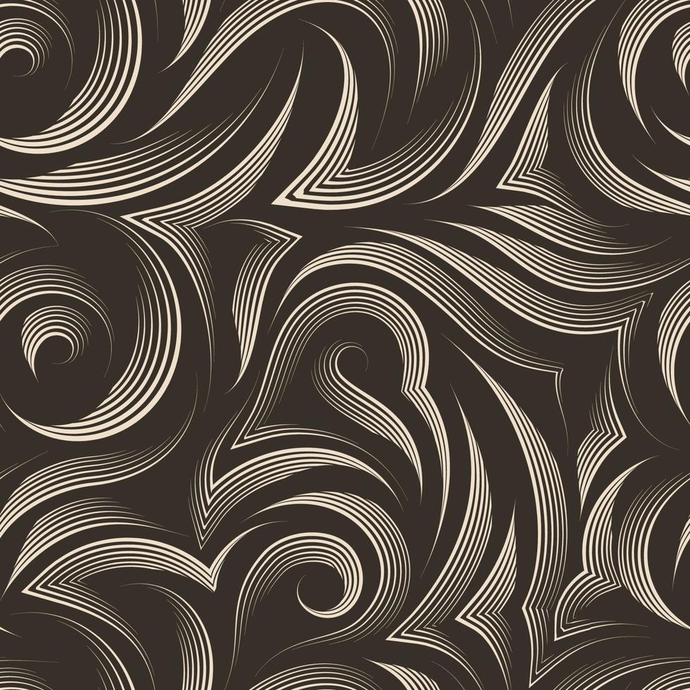 Vector seamless pattern of smooth and broken lines drawn by a beige pen with cuts in the middle with sharp ends on an isolated brown background. Pastel colored texture from flowing stripes