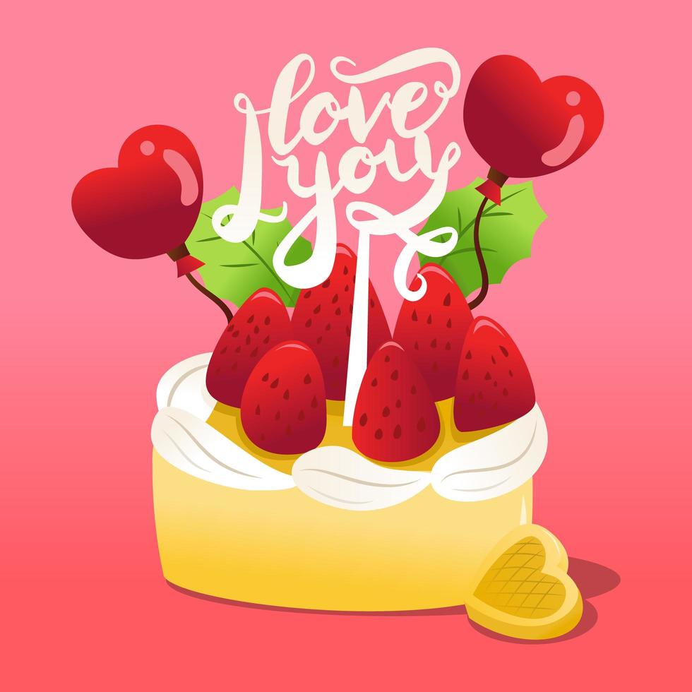 pastel de fresas con adorno de pastel te amo vector