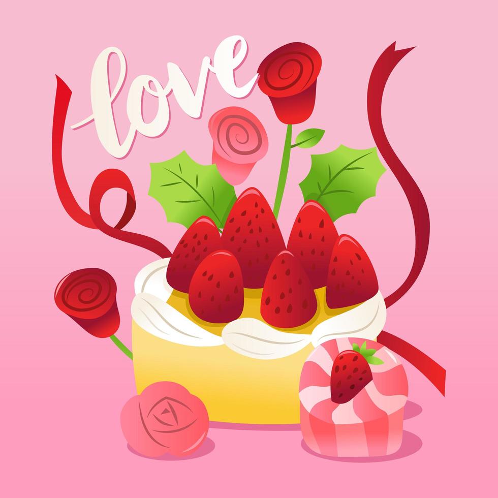 Strawberries Cake With Roses And Ribbons. vector