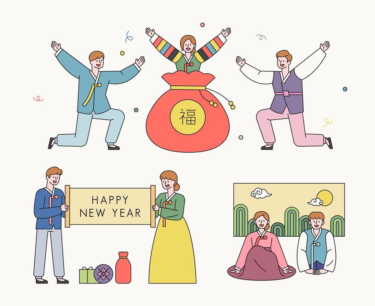 Characters greeting in traditional Korean clothes. vector