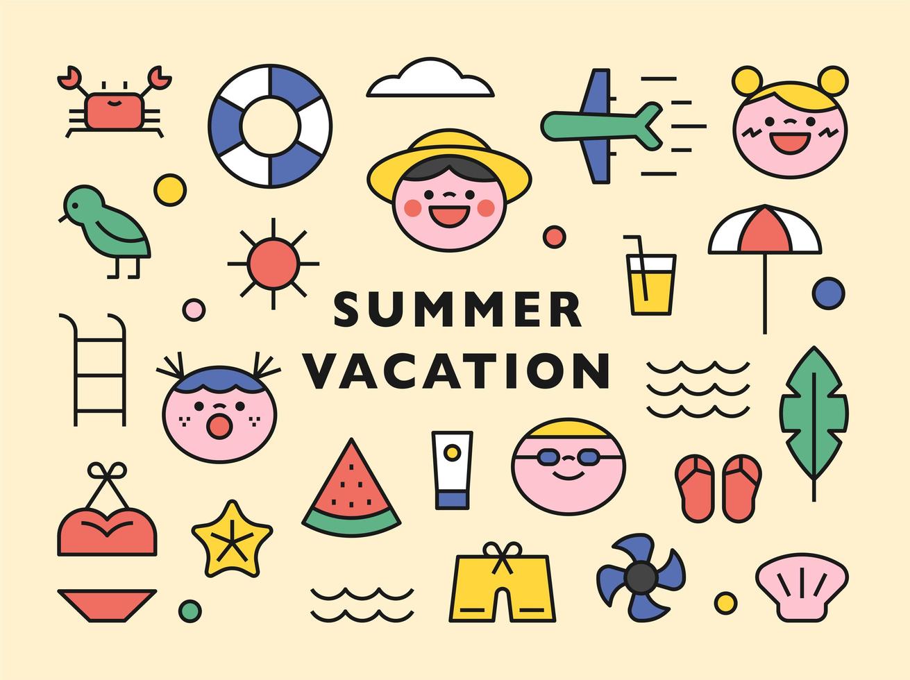 Cute summer beach icons collection. vector