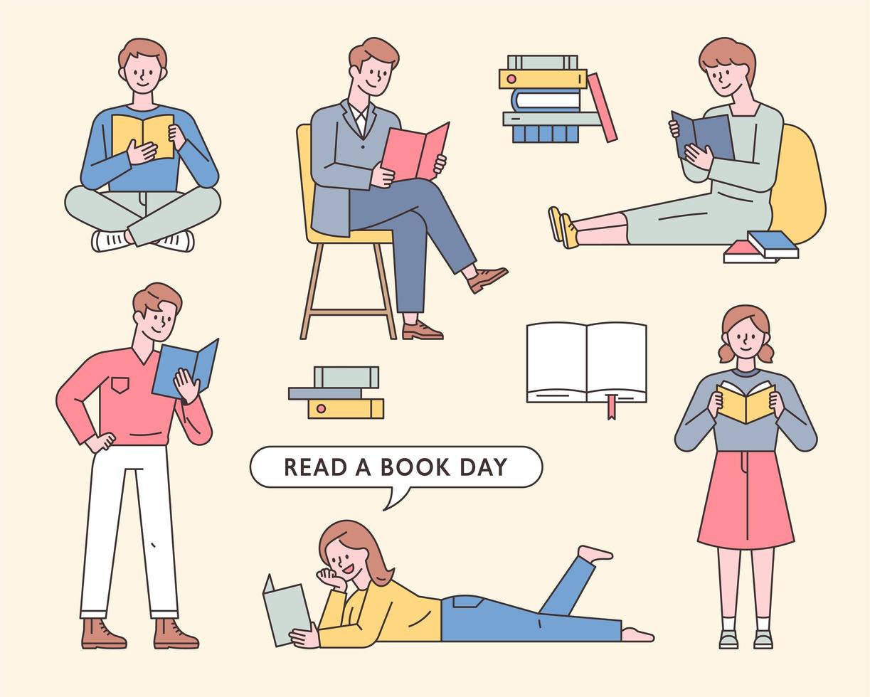 Collection of people reading books. vector