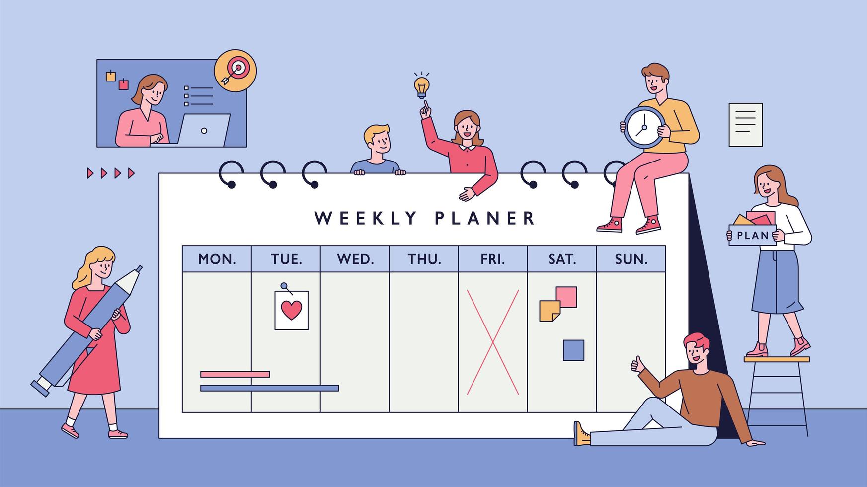 Weekly planner and people. vector