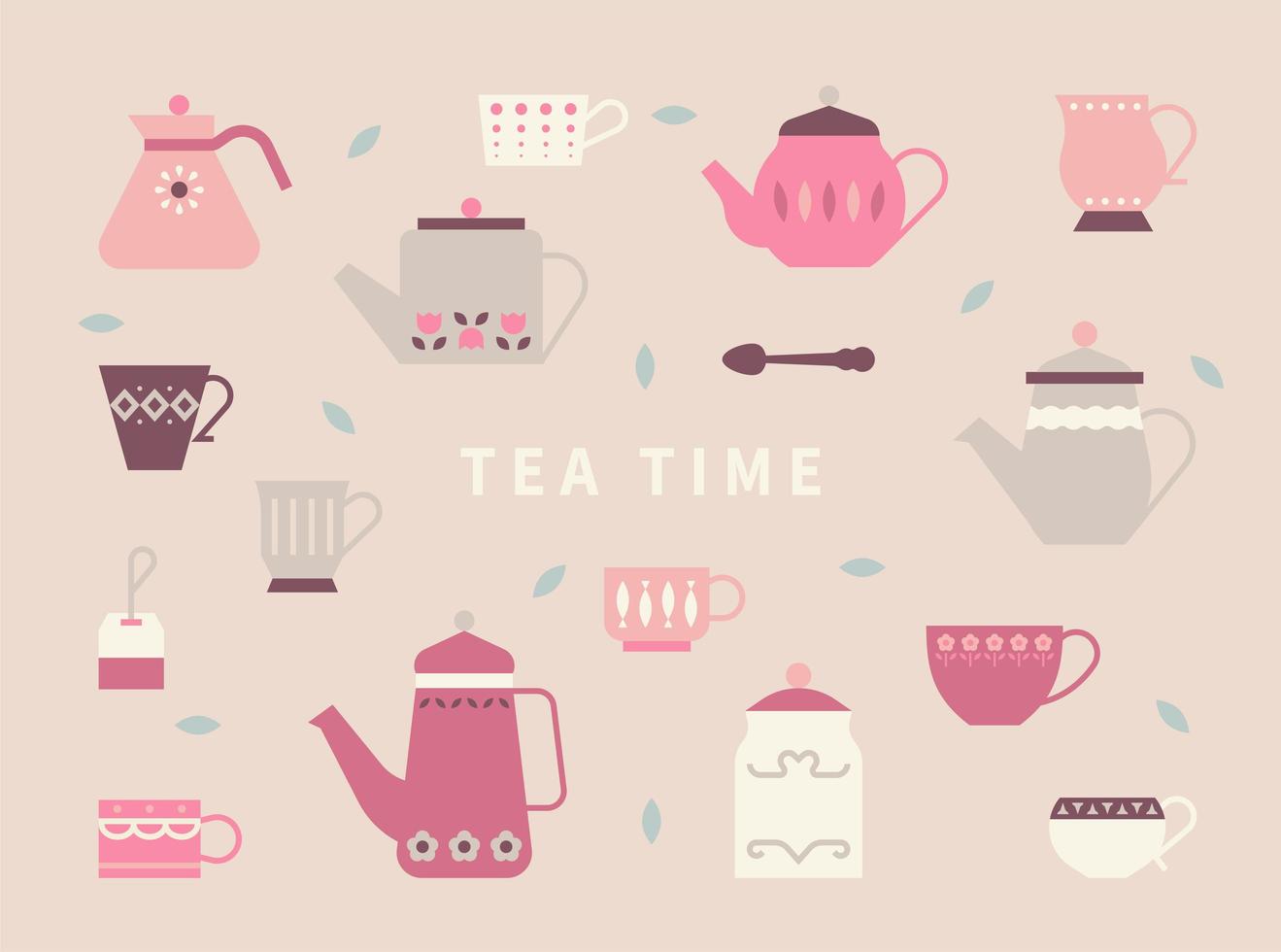 Cute teapots and tea cups with retro patterns. vector