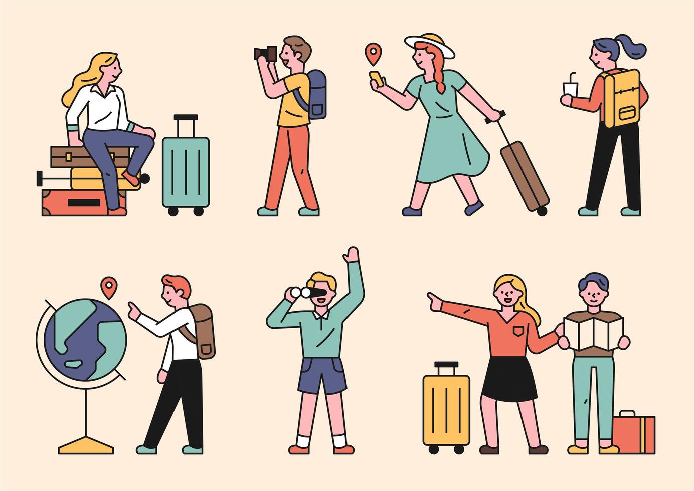 People doing sightseeing with suitcases. vector