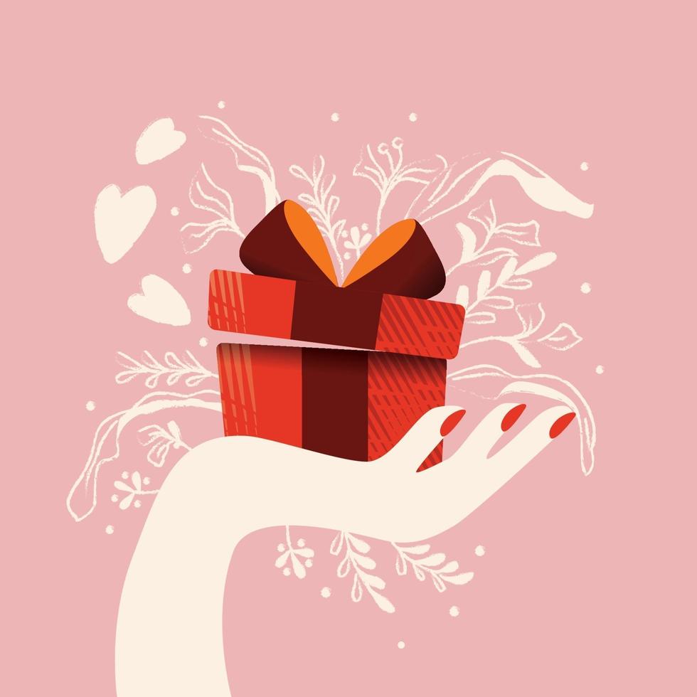 mano sosteniendo una caja de regalo con corazones saliendo y decoración. Ilustración colorida dibujada a mano para el feliz día de San Valentín. tarjeta de felicitación con follaje y elementos decorativos. vector