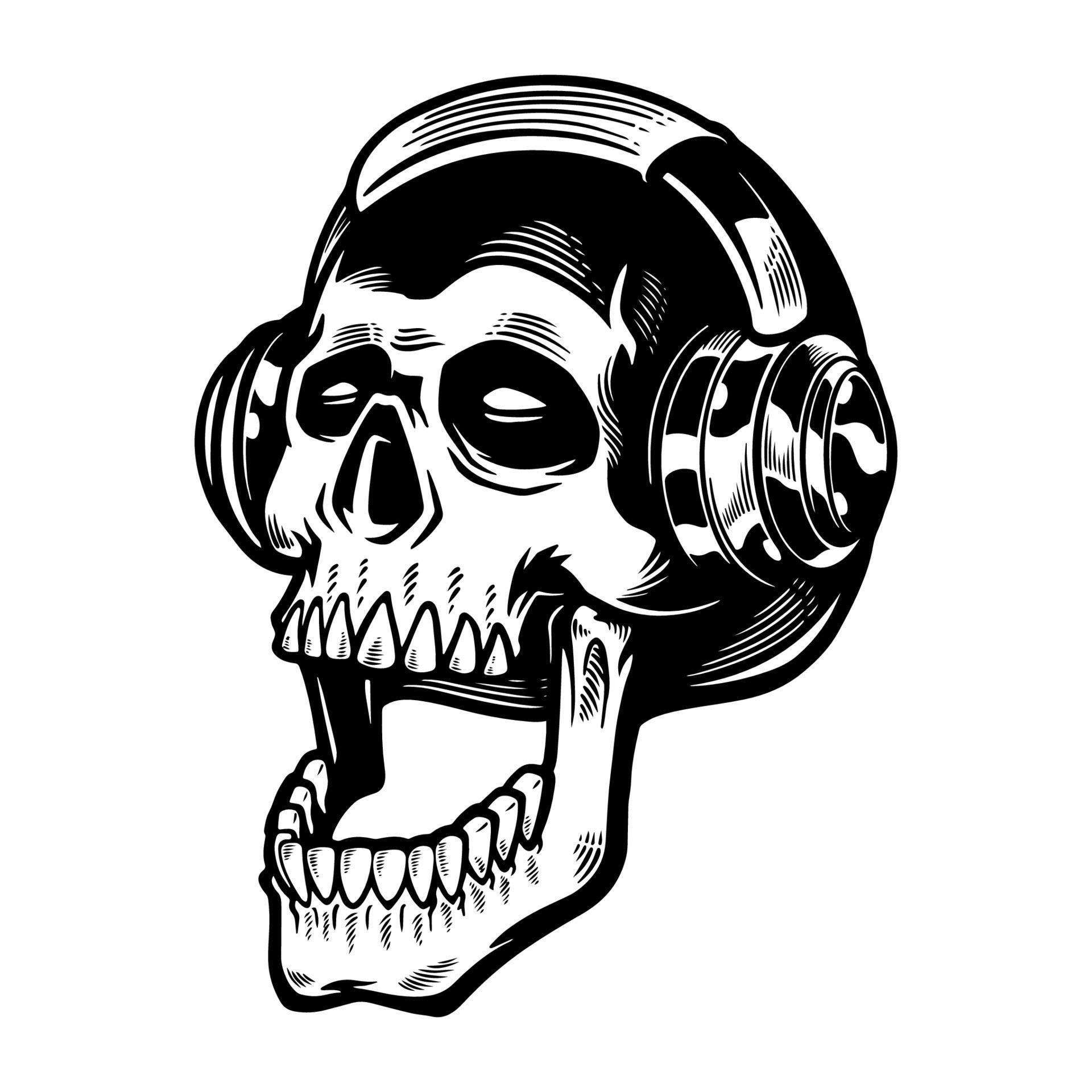 Hand drawn skull listening to music in headphones. Vintage dead head on ...