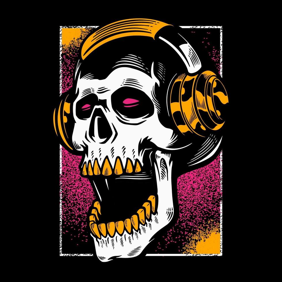 Hand drawn skull listening to music in headphones. vector