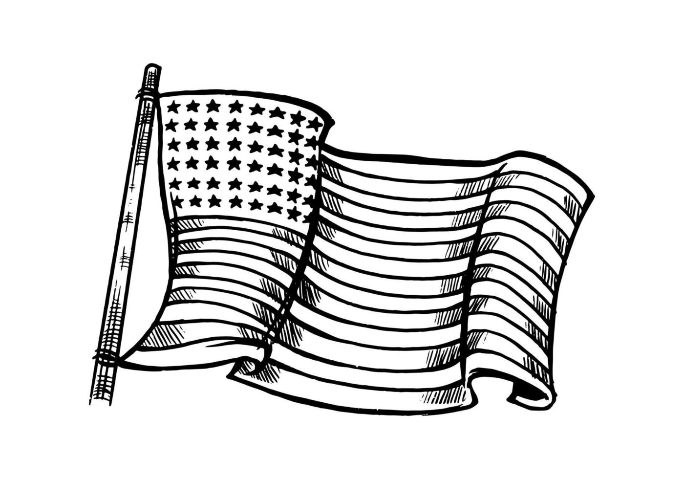 Dibujado a mano elemento de bandera americana en blanco y negro aislado sobre fondo blanco. Ilustración monocromática de la bandera americana para símbolo, emblema, fondo, papel tapiz o camiseta aislado sobre fondo blanco. vector