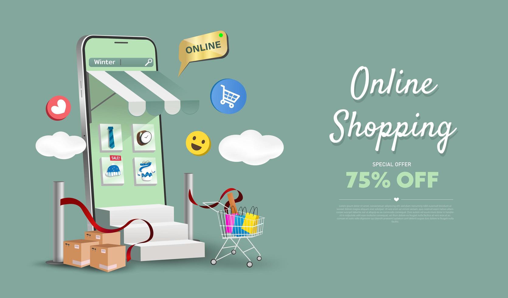 Online shopping store on website and mobile phone design. Smart business marketing concept. Horizontal view. Vector Illustration.