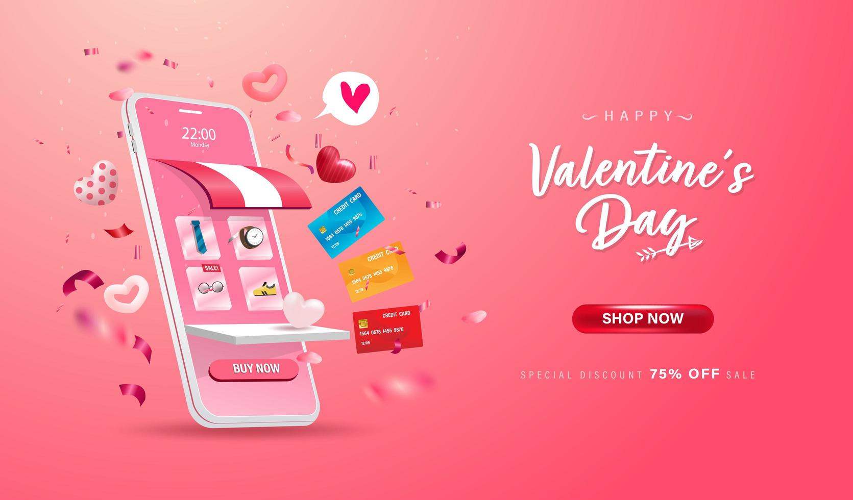 Feliz día de San Valentín. tienda de compras en línea en sitio web y teléfono móvil vector