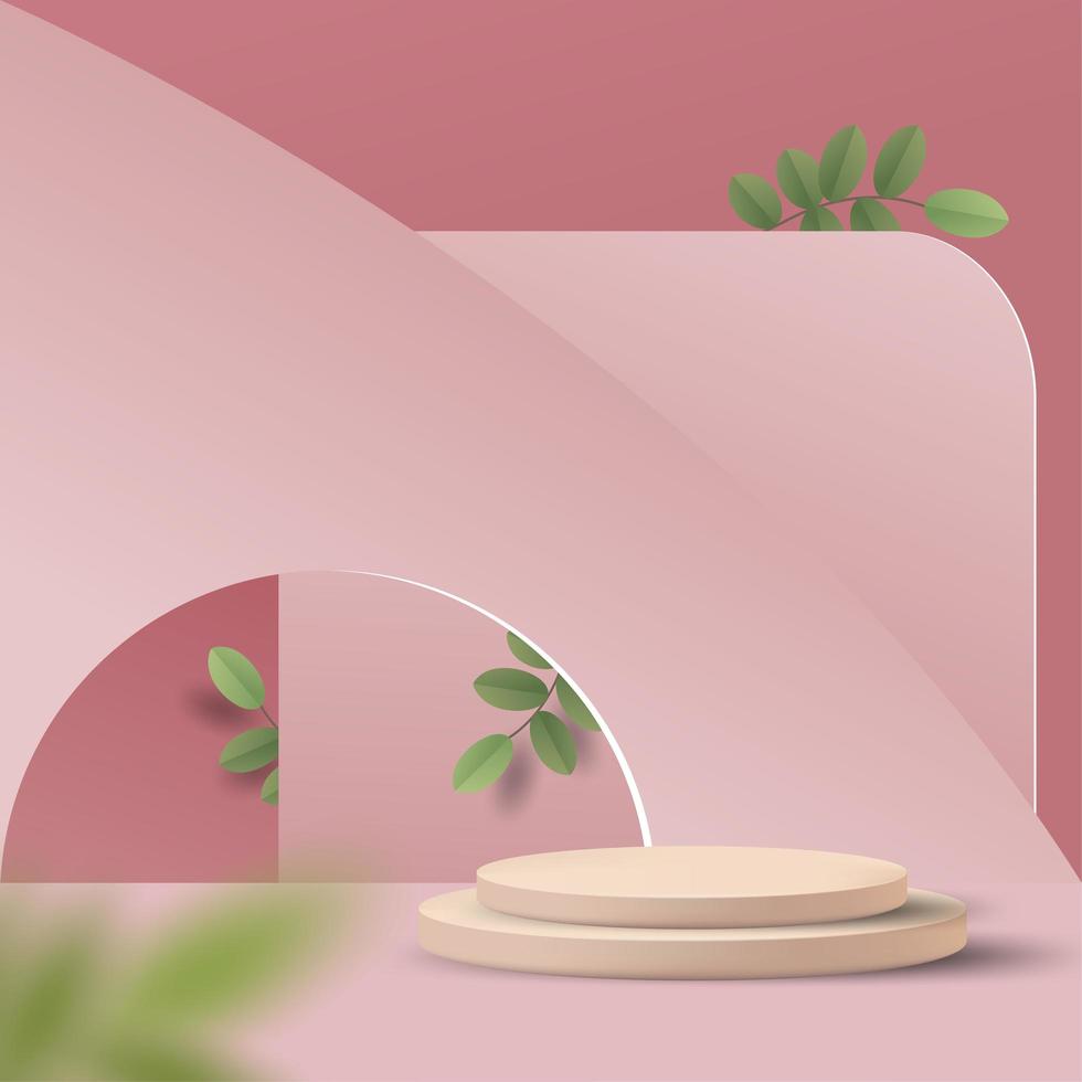 Abstract minimal scene on pastel background with cylinder podium and leaves vector