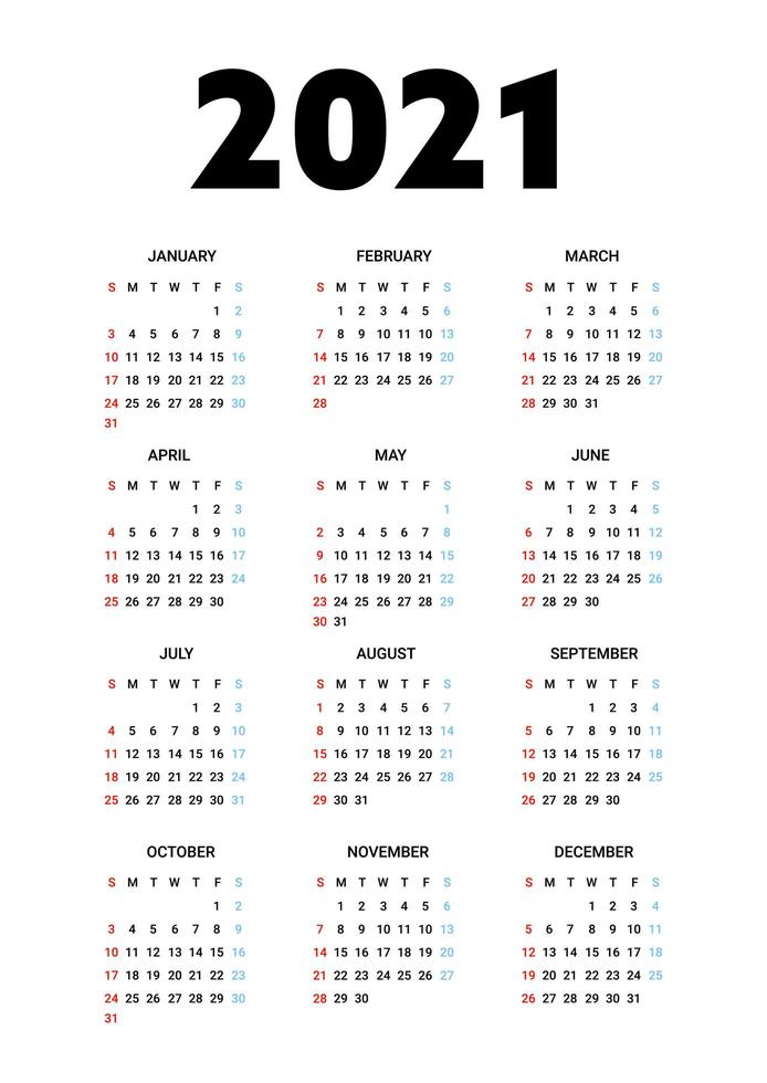 Calendario 2021 Aislado Sobre Fondo Blanco La Semana Comienza Desde El Domingo Ilustración 