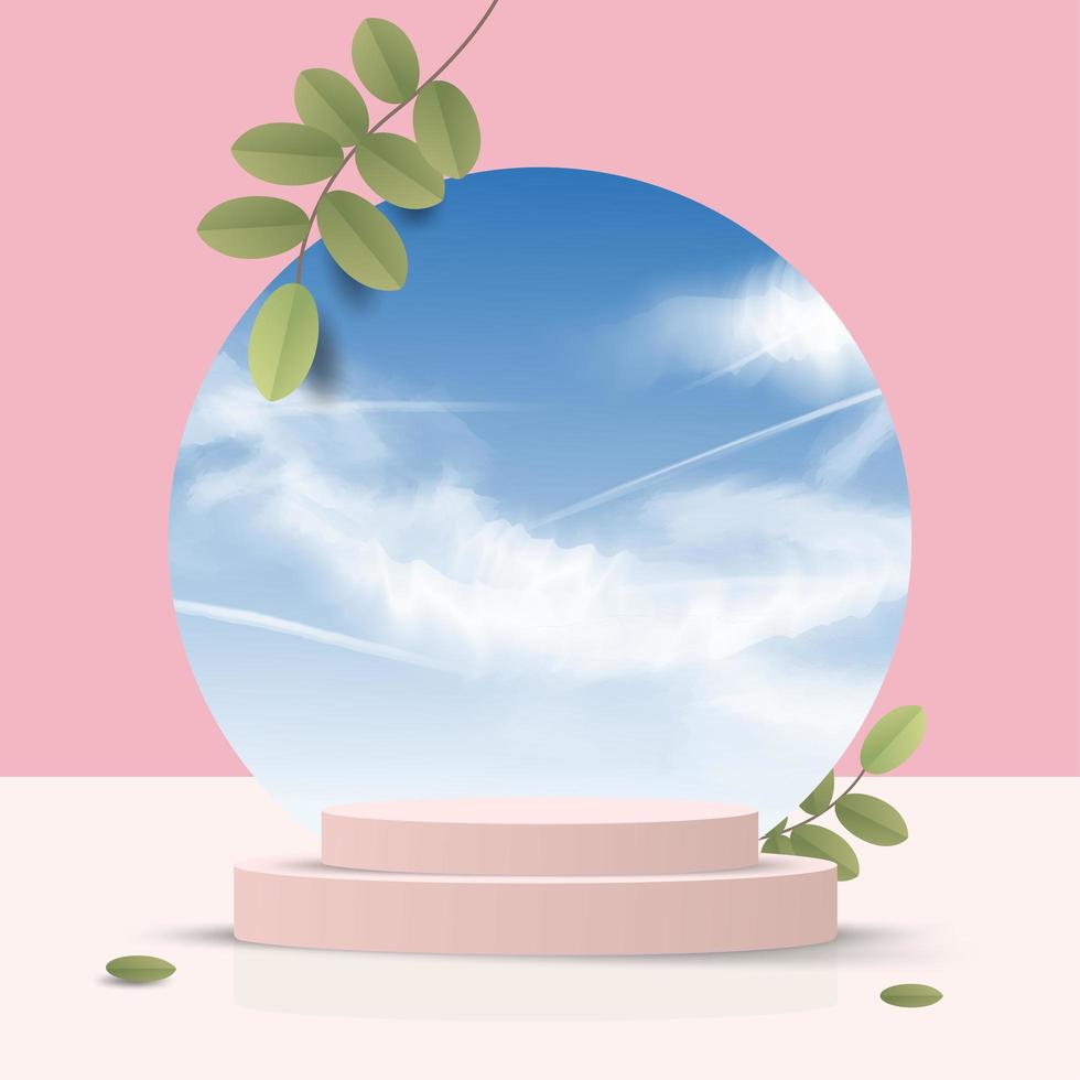 Abstract minimal scene on pastel background with round podium and leaves vector