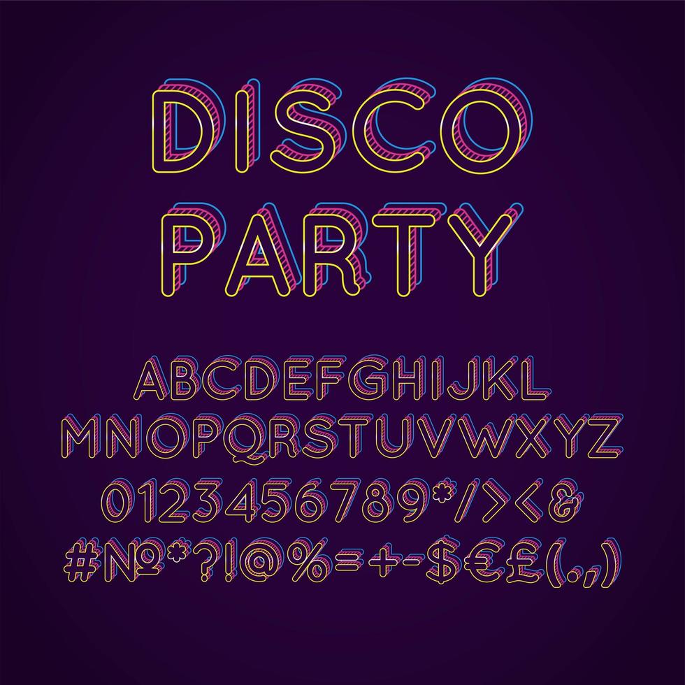 Disco party vintage 3d vector alphabet set