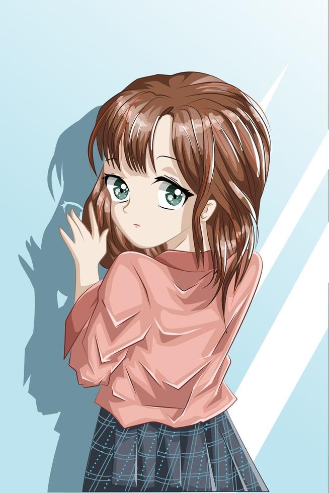 hermosa chica anime con cabello castaño y ojos verdes vector