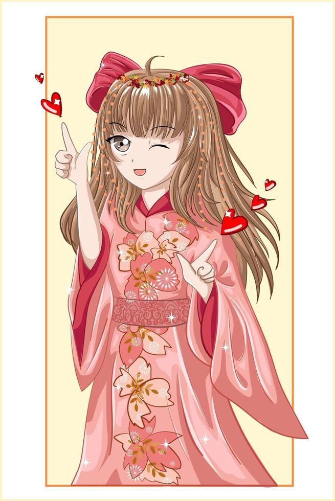 hermosa chica anime con cabello castaño con kimono rosa y cinta roja vector