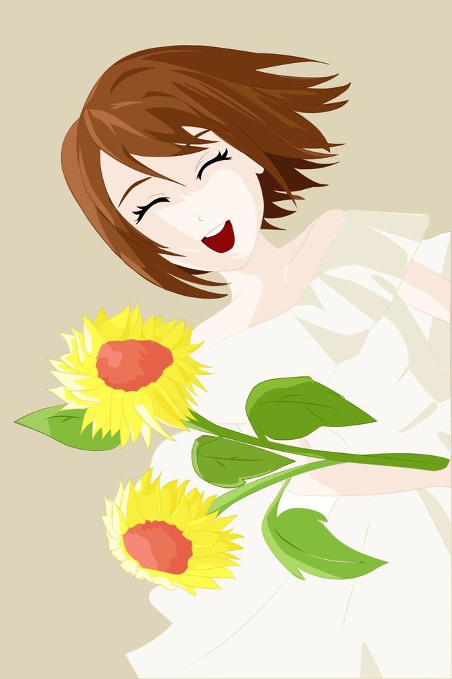 niña riendo, cabello castaño corto, vestido blanco amarillo y dos girasoles vector