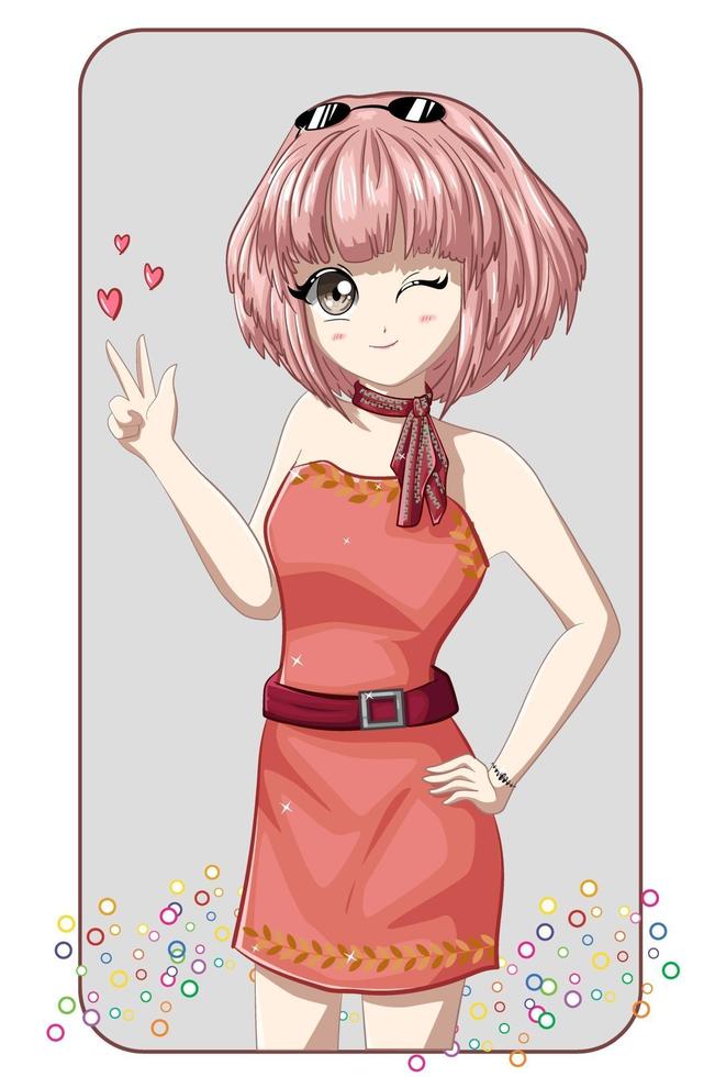 hermosa chica anime con mini vestido rosa con cabello corto rosa vector