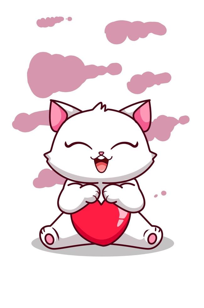 Happy and pretty cat with a big heart cartoon illustration vector